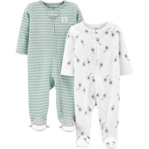 imageSimple Joys by Carters Baby Girls 2Way Zip Thermal Footed Sleep and Play Pack of 2Mint Green StripeWhite Avocados