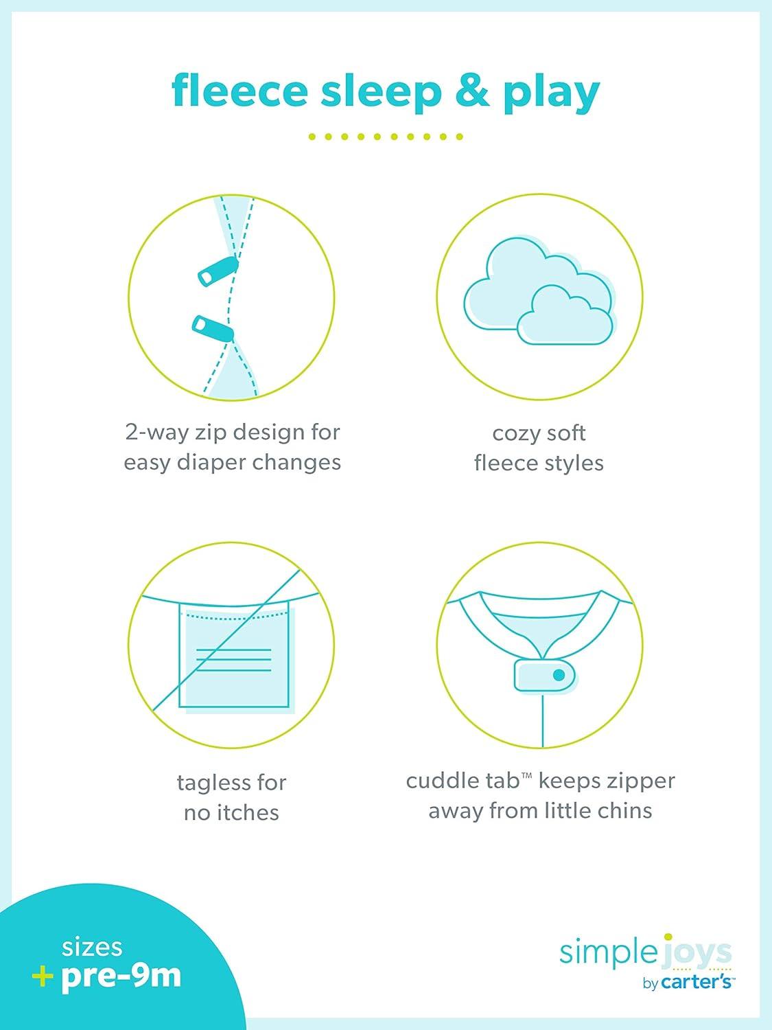 imageSimple Joys by Carters Baby Boys 2Way Zip Thermal Footed Sleep and Play Pack of 2Grey CowYellow Hippo