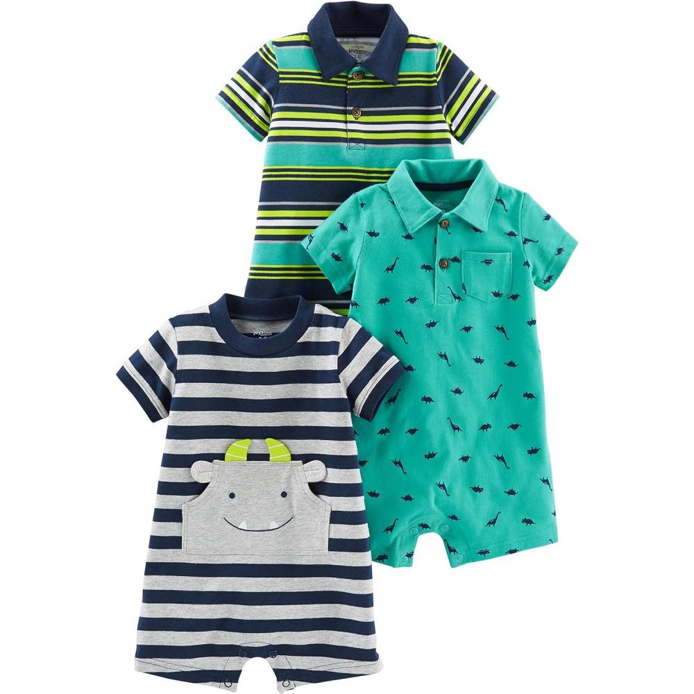 imageSimple Joys by Carters babyboys 3pack RompersGreen DinosaurNavy StripeYellow Stripe