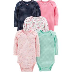 imageSimple Joys by Carters Baby Girls LongSleeve Bodysuit Pack of 5Mint GreenNavy DotsPinkButterfliesFloral