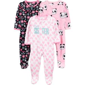 imageSimple Joys by Carters Toddlers and Baby Girls LooseFit Flame Resistant Fleece Footed Pajamas Pack of 3Black FloralPink PandaWhite Hearts