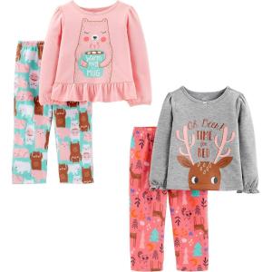 imageSimple Joys by Carters girls 4piece Pajama Set Cotton Top ampamp Fleece BottomGrey Reindeer PrintLight Pink BearMint GreenPink