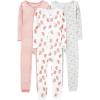 imageSimple Joys by Carters Girls 3Pack Snug Fit Footless Cotton PajamasGrey FloralPink StripeWhite Strawberry