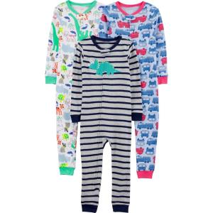 imageSimple Joys by Carters Kids 3Pack Snug Fit Footless Cotton PajamasBlue FiretruckGrey StripeWhite Dinosaur
