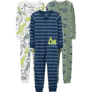 imageSimple Joys by Carters Kids 3Pack Snug Fit Footless Cotton PajamasBlue StripeGreen TrucksWhite Dinosaur