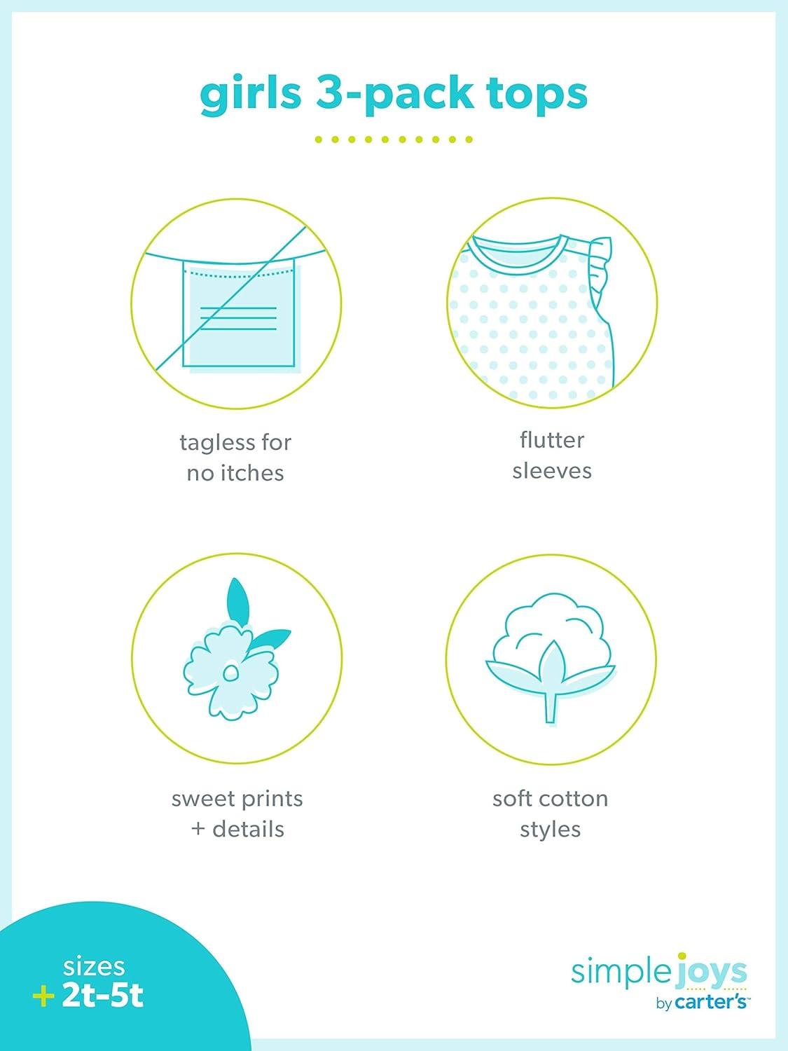 imageSimple Joys by Carters Girls ShortSleeve Shirts and Tops Pack of 3Blue StripeWhite FloralYellow