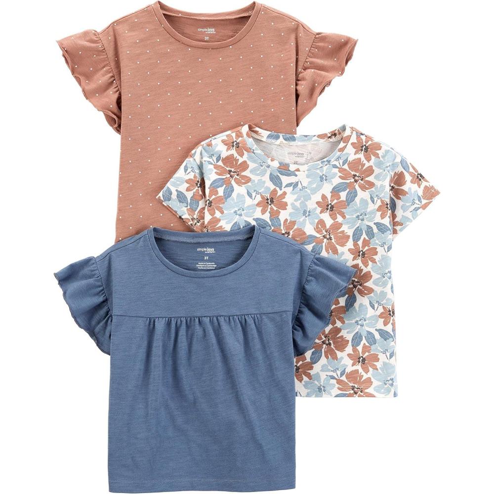 imageSimple Joys by Carters Girls ShortSleeve Shirts and Tops Pack of 3Brown DotsDenimWhite Floral