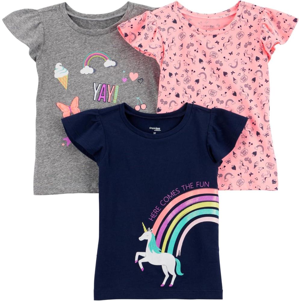 imageSimple Joys by Carters Girls ShortSleeve Shirts and Tops Pack of 3Grey RainbowLight Orange Mixed PrintNavy Unicorn