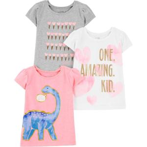 imageSimple Joys by Carters Girls ShortSleeve Shirts and Tops Pack of 3Grey HeartsPink DinosaurWhite Text Print