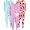 imageSimple Joys by Carters Girls 3Pack Snug Fit Footed Cotton PajamasLight Purple SwanMint Green TurtleOrange Floral