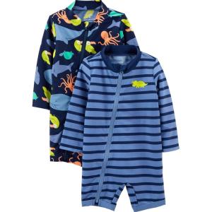 imageSimple Joys by Carters BabyBoys 2Pack 1Piece Zip RashguardsNavy Sea FriendsPurple Stripe