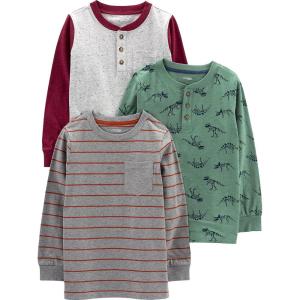 imageSimple Joys by Carters Boys 3Pack Long Sleeve ShirtsDark Grey StripeGrey DotsSpruce Green Dinosaur
