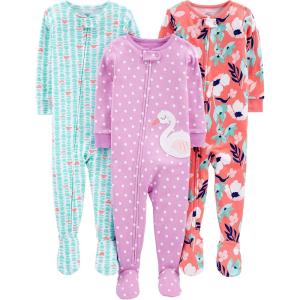 imageSimple Joys by Carters Girls 3Pack Snug Fit Footed Cotton PajamasLight Purple SwanMint Green TurtleOrange Floral