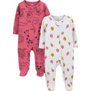 imageSimple Joys by Carters babygirls 2way Zip Thermal Footed Sleep and Play Pack of 2Dark Rose Forest AnimalsGrey Strawberries