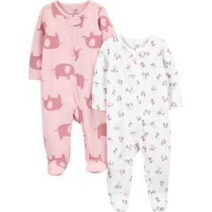 imageSimple Joys by Carters babygirls 2way Zip Thermal Footed Sleep and Play Pack of 2Pink ElephantWhite Floral