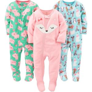 imageSimple Joys by Carters girls LooseFit Flame Resistant Fleece Footed PajamasBlue PenguinGreen PigPink Fox
