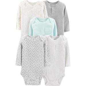 imageSimple Joys by Carters Unisex Baby 5pack Longsleeve BodysuitAqua Blue StripeGrey HeatherWhite HeatherBearElephants