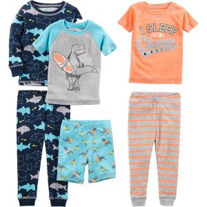 imageSimple Joys by Carters girls 6piece Snug Fit Cotton Pajama SetDinosaurSharkSurferStripe