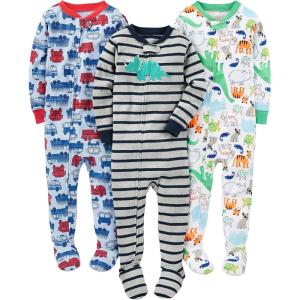 imageSimple Joys by Carters babyboys 3pack Snug Fit Footed Cotton PajamasBlue FiretruckGrey StripeWhite Dinosaur