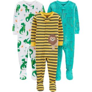 imageSimple Joys by Carters babyboys 3pack Snug Fit Footed Cotton PajamasDinosaurDouble StripeForest Animals
