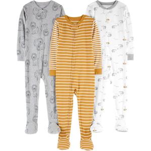 imageSimple Joys by Carters babyboys 3pack Snug Fit Footed Cotton PajamasGold StripeGrey LionWhite Rhino