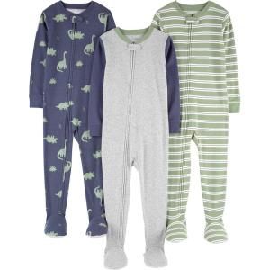 imageSimple Joys by Carters babyboys 3pack Snug Fit Footed Cotton PajamasGreen StripeGrey HeatherIndigo Wash Dinosaur