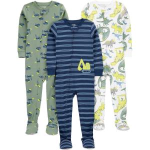 imageSimple Joys by Carters babyboys 3pack Snug Fit Footed Cotton PajamasNavy StripeSage Green ConstructionWhite Dinosaur