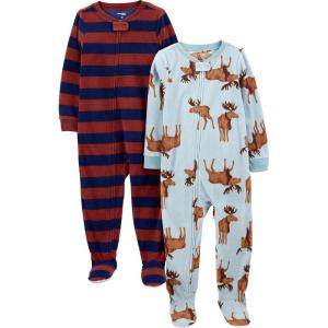 imageSimple Joys by Carters unisexchild Holiday Loosefit Flame Resistant Fleece Footed PajamasBurgundy StripeLight Blue Moose