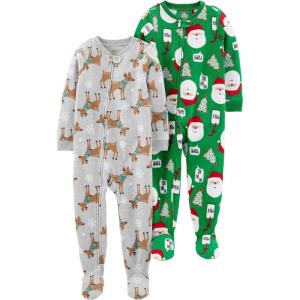 imageSimple Joys by Carters unisexchild Holiday Loosefit Flame Resistant Fleece Footed PajamasGreen SantaGrey Heather Reindeer