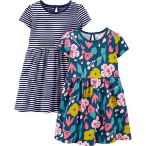 imageSimple Joys by Carters babygirls Shortsleeve and Sleeveless Dress Sets Pack of 2Navy Floral PrintWhite Stripe